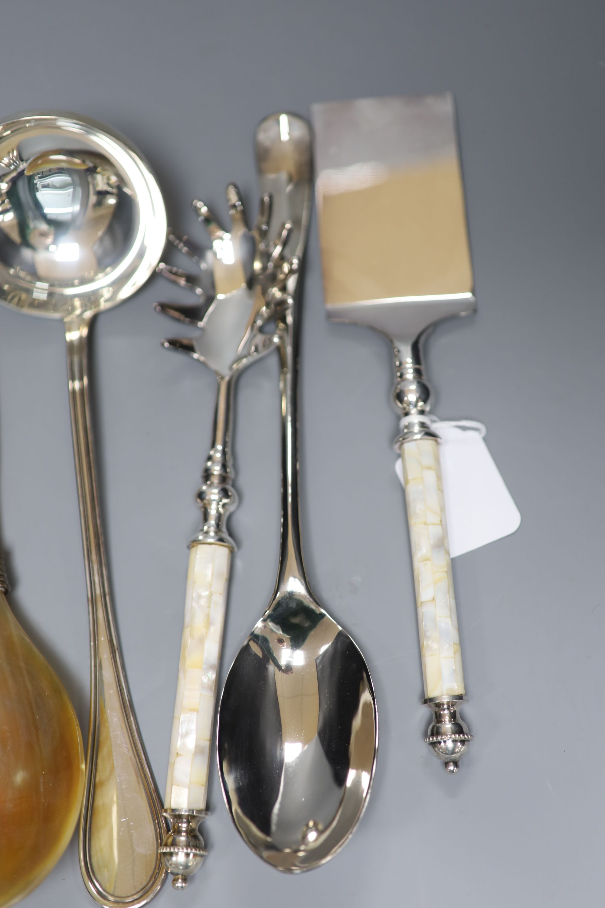 An 800 standard silver ladle and various serving items, including a pair of modern plated salad - Image 2 of 4