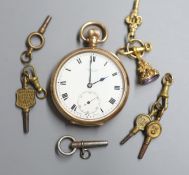 A George V 9ct gold open faced keyless lever pocket watch, retailed by Hinds Ltd, London, six