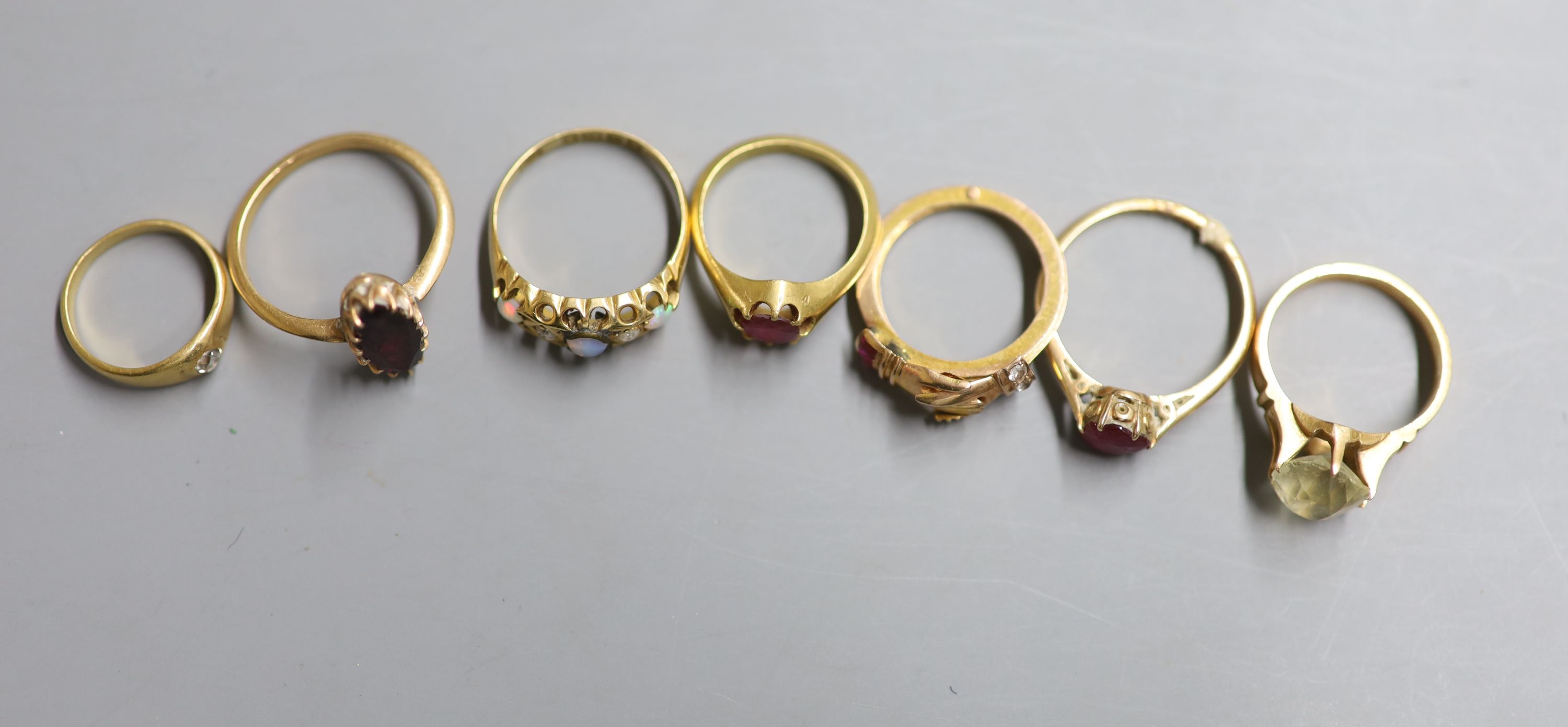 Seven assorted rings, including George V 18ct gold, opal and diamond five stone ring, size L, - Image 2 of 2