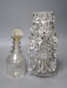 A small 19th century gilt glass decanter and a Regency glass lustre, tallest 25cm