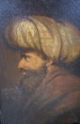 19th century Continental School, oil on oak panel, Head of a Turk, 16.5 x 11cm