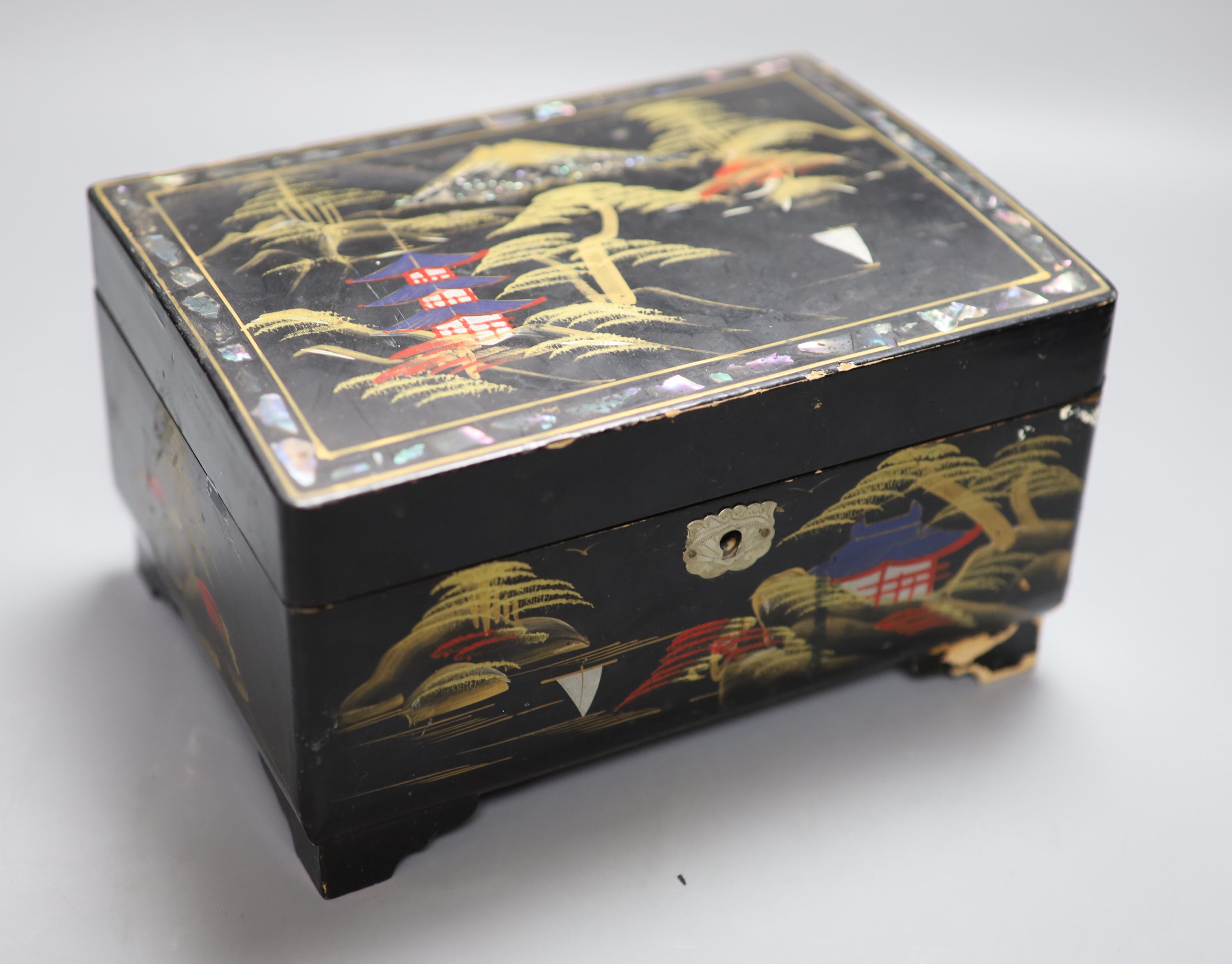 A pair of Chinese turquoise-glazed lion dogs, a lacquered jewellery box and three plated miniature - Image 3 of 5