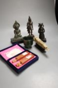 An Asian bronze Buddha, Ming bronze figure fragment and an Indian bronze figure, a hardstone cup,