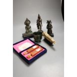 An Asian bronze Buddha, Ming bronze figure fragment and an Indian bronze figure, a hardstone cup,