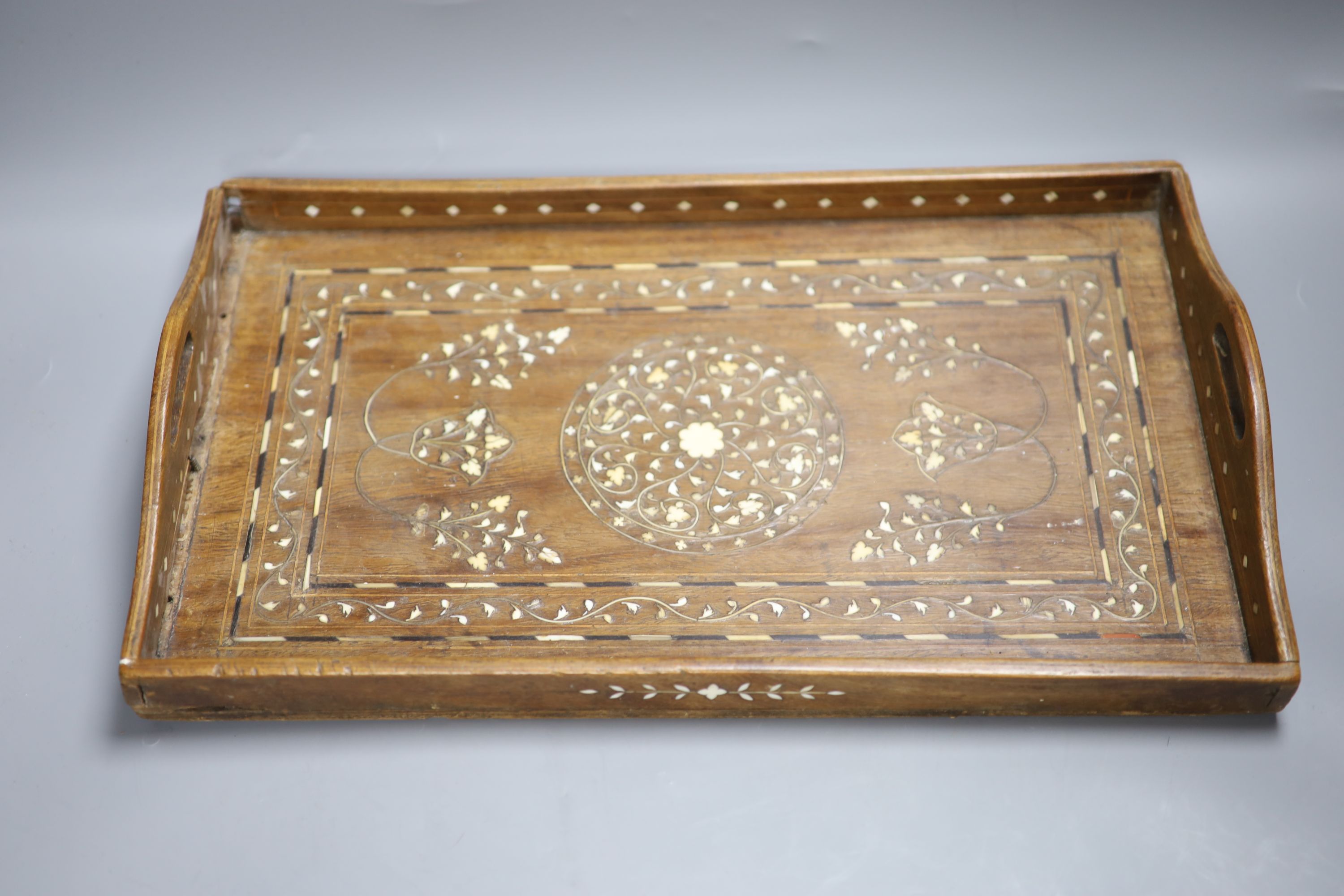 A Victorian eagle surmounted wooden columned table thermometer and an ornate inlaid tray, length - Image 3 of 3