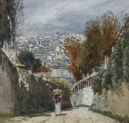 P. Robert Rodger, watercolour, Figures on a hillside lane overlooking a mediterranean town,