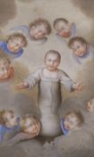 A watercolour on vellum, Christ in swaddling clothes attended by angels, label reads 'Italian 1620',