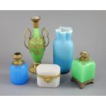 A group of French coloured opaline glass with gilt metal mounts and a satin glass vase, tallest 23.