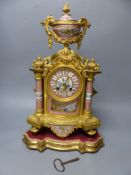 A French ormolu and porcelain mantel clock on plinth, overall height 43cm