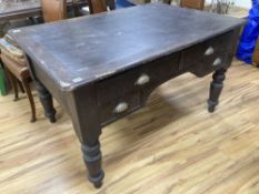 A Victorian stained pine kneehole writing table, width 130cm, depth 90cm, height 76cm