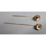 Two yellow metal and Essex crystal stick pins, decorated with game birds, largest 72mm, gross 5.8