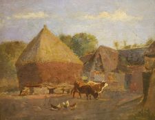 Manner of Jacob Maris (1837-1899), oil on board, Farmyard with cattle and chickens, signed, 23 x