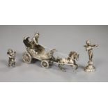 An early 20th century Continental white metal toy chariot, 10.3cm, an Edwardian silver cherub on a