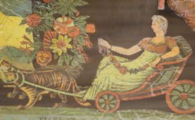 An early Victorian coloured engraving laid onto glass, Flora the goddess of flowers, 33 x 45cm