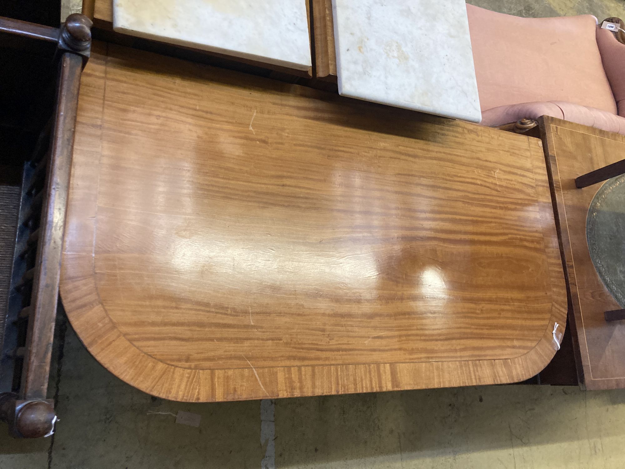A Sheraton revival D end dining table, width 106cm, depth 60cm, height 75cm - Image 2 of 3