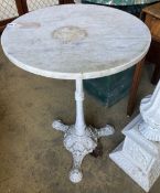 A Victorian marble topped cast iron garden table, diameter 50cm, height 72cm