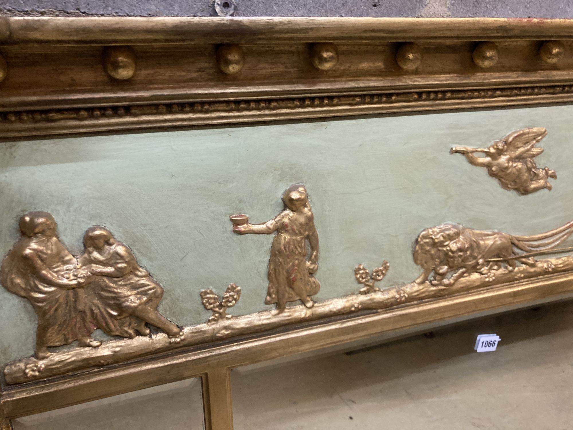 A large Regency carved giltood and gesso triple plate overmantel mirror, width 152cm, height 96cm - Image 3 of 5