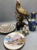 A simulated bronze eagle, 36cm, cloisonne enamelled vase, 23cm and five other items