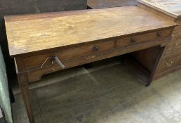 A George III cross banded mahogany two drawer side table, width 122cm, depth 50cm, height 72cm