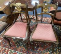 A pair of Regency beech simulated rosewood brass inlaid dining chairs, with pink upholstered seats