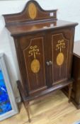 A Sheraton revival mahogany and marquetry music cabinet (later stand?), width 64cm, depth 37cm,