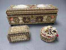 A French sailor's seashell encrusted box with mirrored lid interior and two others, longest 29cm