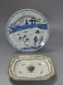 A Chinese export armorial dish, and a Chinese blue and white dish, both Qianlong period, largest