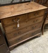 A George II fruitwood chest of two short and three long drawers, with brass drop handles, on bracket