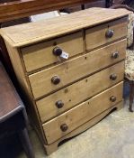 A Victorian stripped pine chest of drawers, width 89cm, depth 42cm, height 95cm