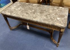 A French Louis XVI style marble topped stained beech occasional table, width 102cm, depth 46cm,