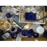 A quantity of miscellaneous plated ware, minor costume jewellery, blue glass condiment liners, glass