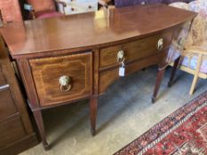 An Edwardian George III style mahogany and satinwood banded bow front sideboard, length 168cm, depth