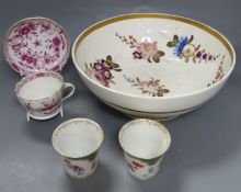 A Meissen tea cup and saucer, an English porcelain bowl and two other pieces, largest diameter 30cm