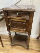 A late 19th century French marble top bedside cabinet, width 40cm, depth 35cm, height 78cm