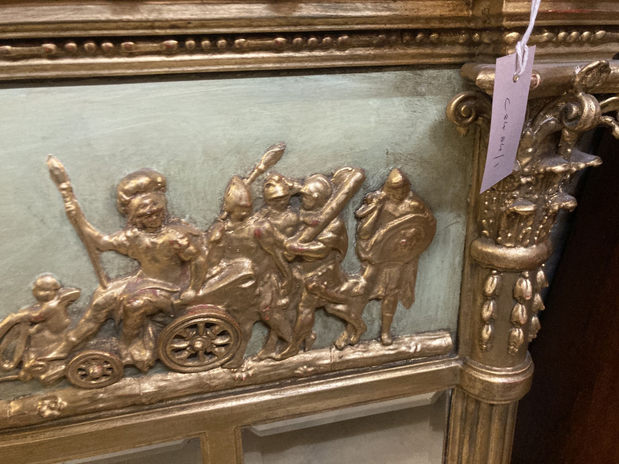 A large Regency carved giltood and gesso triple plate overmantel mirror, width 152cm, height 96cm - Image 4 of 5