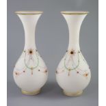 A pair of French or Bohemian frosted opaline 'jewelled' glass vases, height 34cm
