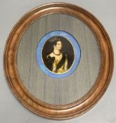 An oval reverse print on glass of Queen Caroline?, frame 33.5cm high