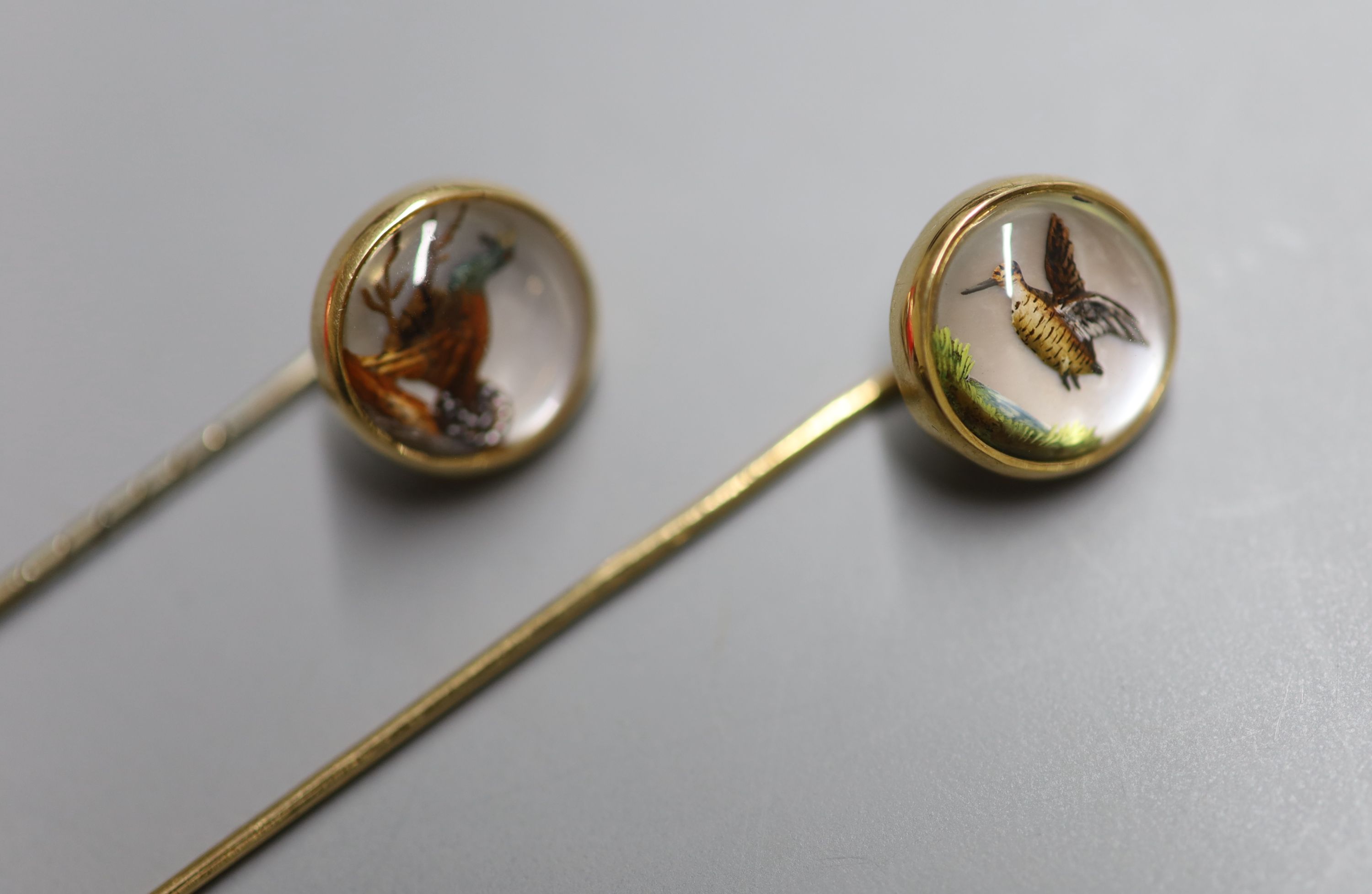 Two yellow metal and Essex crystal stick pins, decorated with game birds, largest 72mm, gross 5.8 - Image 2 of 3