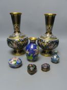 A pair of Chinese cloisonne enamel vases and other similar items, tallest 21cm (7)