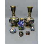 A pair of Chinese cloisonne enamel vases and other similar items, tallest 21cm (7)