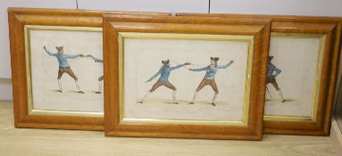 After J. Gruya, three coloured engravings, Fencing Positions, Plates 5, 9 and 40, 42 x 46cm, maple