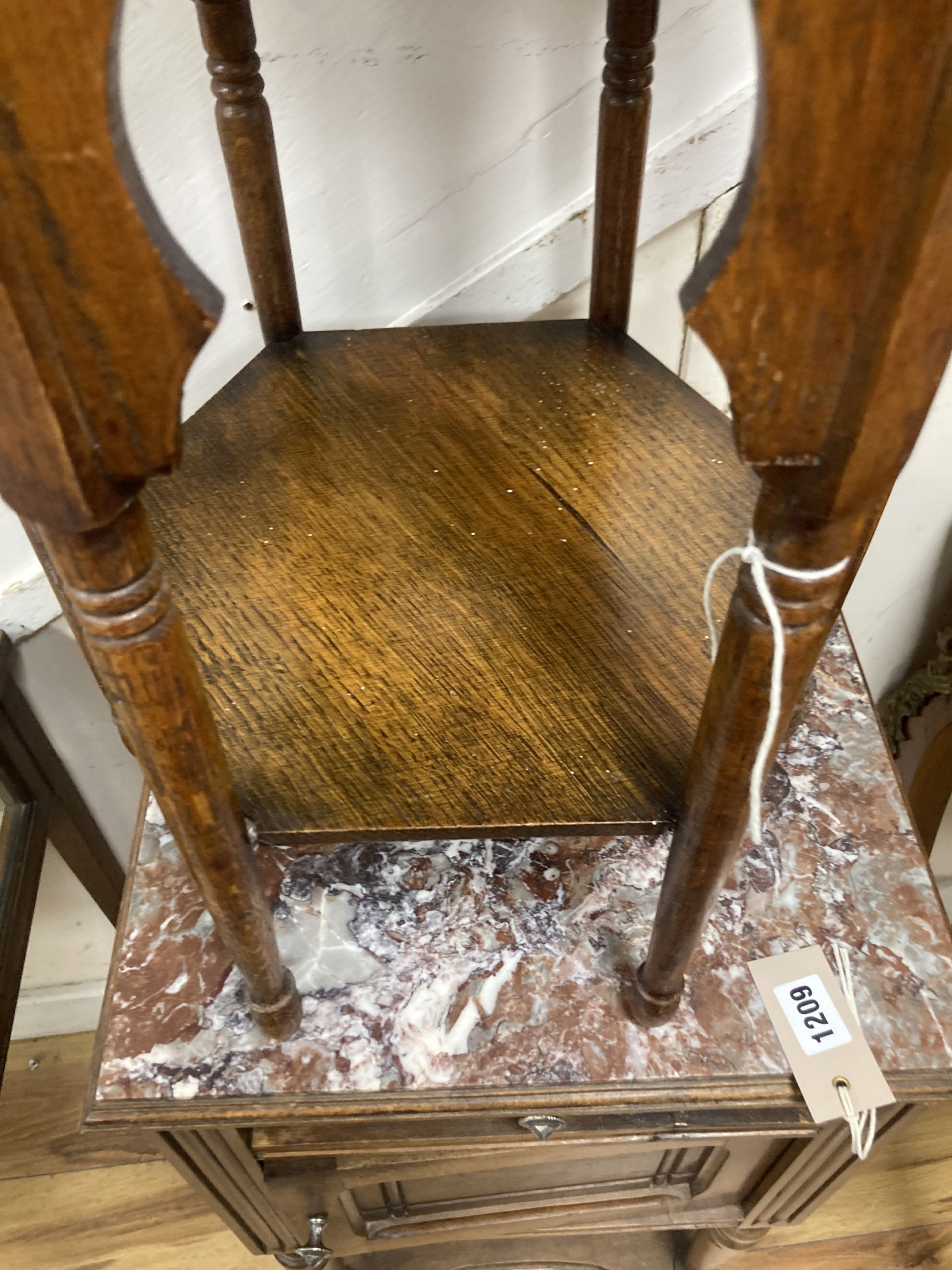 An early 20th century Moorish style hexagonal oak occasional table, width 36cm, height 51cm - Image 3 of 4