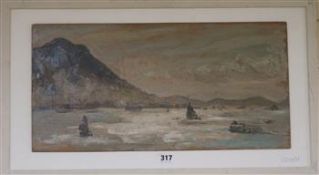 E. Sinclair, oil on board, Hong Kong Harbour, inscribed verso and dated 1957, 25 x 51cm inscribed