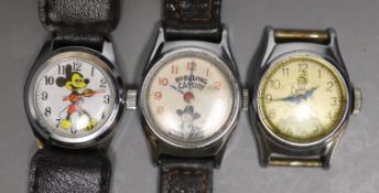 Three assorted small size steel wrist watches, including Mickey Mouse, Hopalong Cassidy and