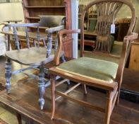 A Victorian bleached elm and ash smoker's bow chair and an Edwardian inlaid mahogany elbow chair (
