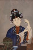 Chinese School, reverse painting on glass, Woman at a dressing table, 49 x 34cm