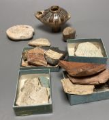 A group of Egyptian pottery fragments, Coptic period, together with a Syrian Islamic pottery oil