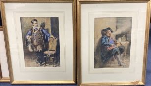 F.W.H circa 1900, pair of watercolours, 17th century sea captain and gallant, one initialled, 31 x