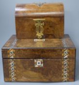 A Victorian dome topped brass mounted box and mother of pearl inlaid sewing box lined with blue