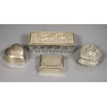 Two Victorian/Edwardian silver heart shaped pill boxes (one with holes), a rectangular snuff box and